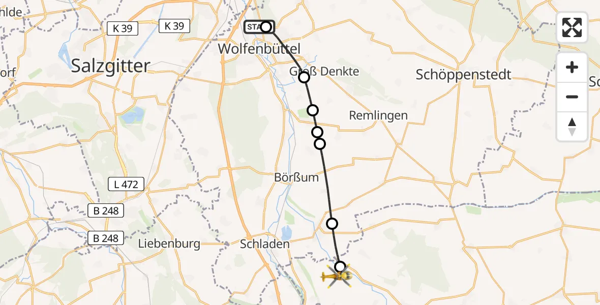 Flugroute Rettungshubschrauber Wolfenbüttel Municipal Hospital Heliport (Christoph 30) - Osterwieck, 09 Mai 2026, 13:46