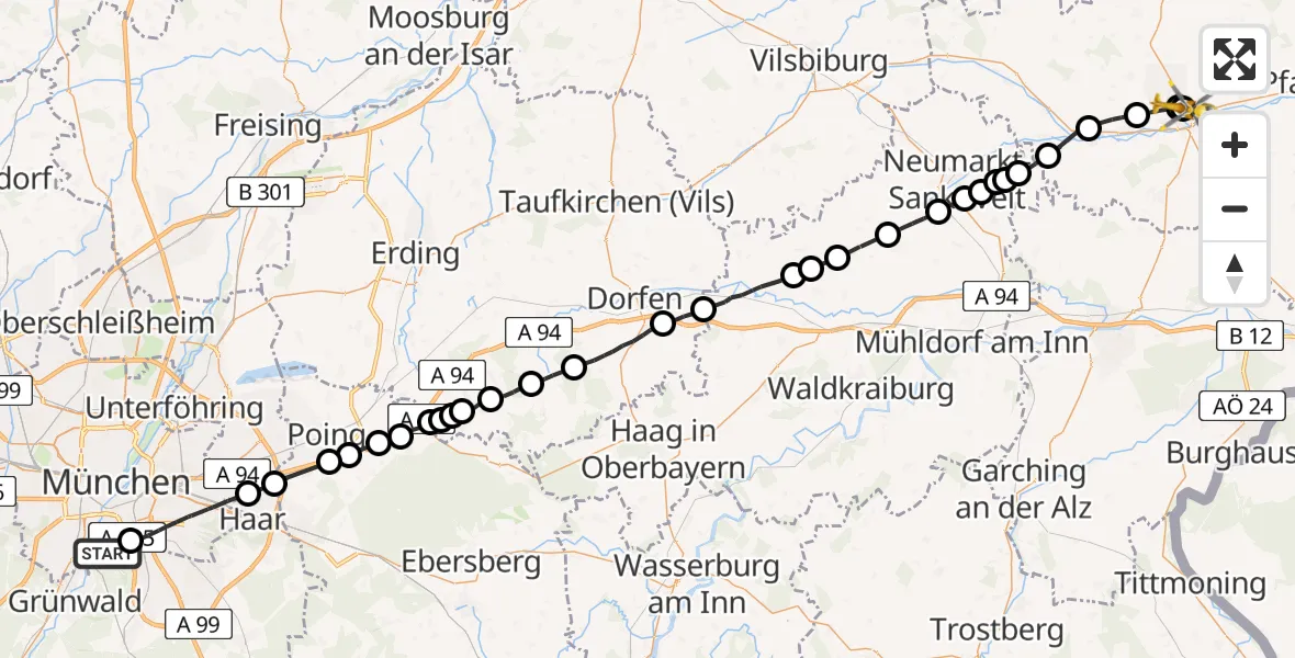 Flugroute Rettungshubschrauber Perlacher Forst - Eggenfelden District Hospital, 09 Mai 2026, 13:47