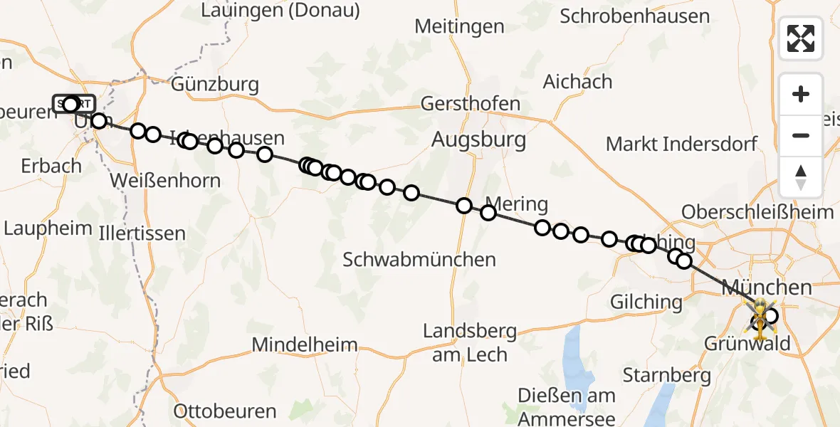 Flugroute Rettungshubschrauber Ulm Military Hospital Emergency - ADAC Air Rescue Center Hubschrauberlandeplatz (Christoph 1), 09 Mai 2026, 13:49