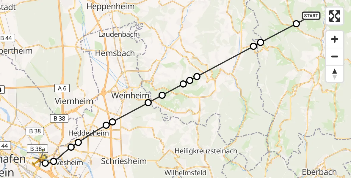 Flugroute Rettungshubschrauber Erbach - Mannheim-City Flughafen, 09 Mai 2026, 13:57
