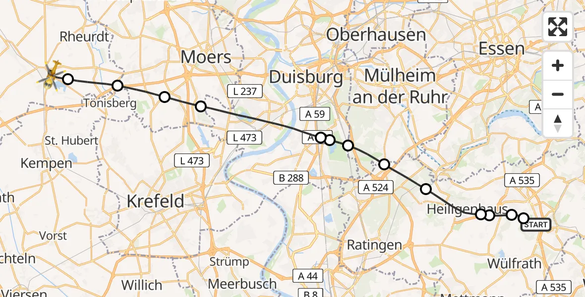 Flugroute Rettungshubschrauber Velbert - Kerken, 09 Mai 2026, 13:58