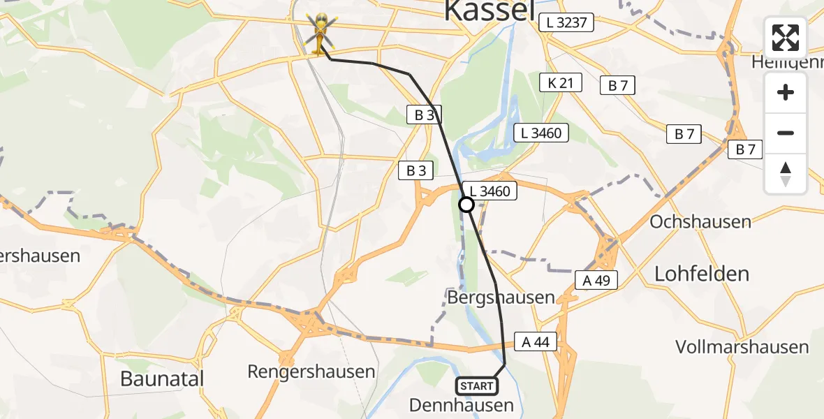 Flugroute Rettungshubschrauber Fuldabrück - Kassel, 09 Mai 2026, 14:03
