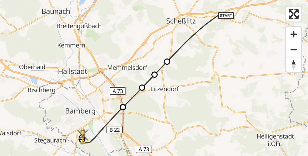 Flugroute Rettungshubschrauber Scheßlitz - Bamberg Hospital, 09 Mai 2026, 14:03