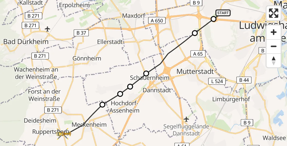 Flugroute Rettungshubschrauber Ludwigshafen Accident Hospital - Ruppertsberg, 09 Mai 2026, 14:04