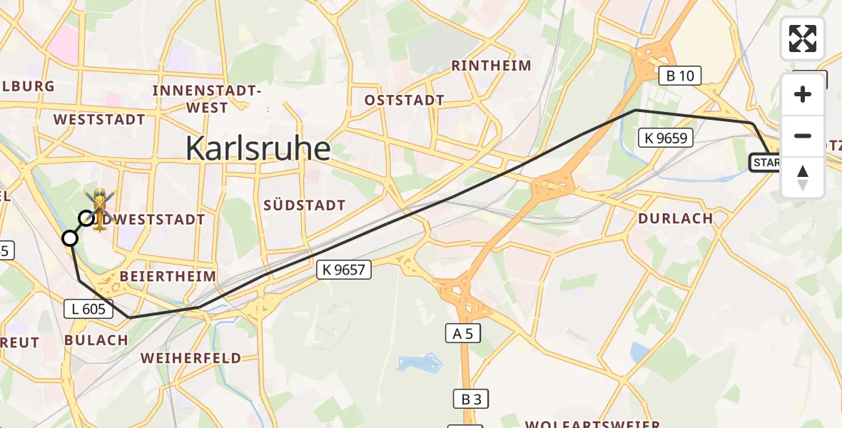 Flugroute Rettungshubschrauber Karlsruhe - Sankt Vincentius Hospital, 09 Mai 2026, 14:05