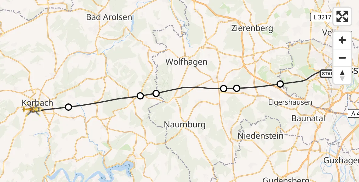 Flugroute Rettungshubschrauber Kassel - Korbach, 09 Mai 2026, 14:08