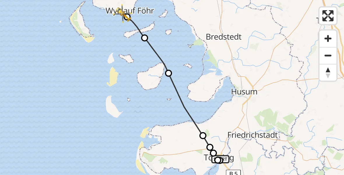 Flugroute Rettungshubschrauber Tönning - Wyk auf Föhr, 09 Mai 2026, 14:08