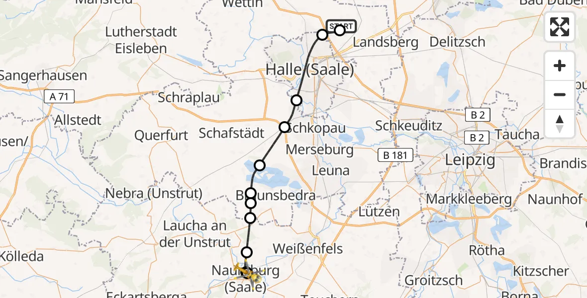 Flugroute Rettungshubschrauber Halle-Oppin Flugplatz - Naumburg Hospital, 09 Mai 2026, 14:08