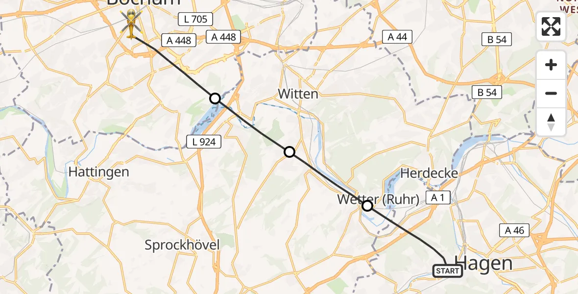 Flugroute Rettungshubschrauber Hagen - Bochum, 09 Mai 2026, 14:11