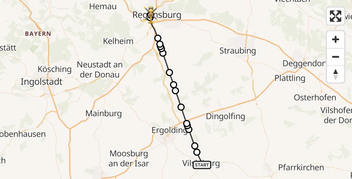 Flugroute Rettungshubschrauber Vilsbiburg - Barmherzige Brüder (Brothers of Mercy) Hospital Regensburg, 09 Mai 2026, 14:16