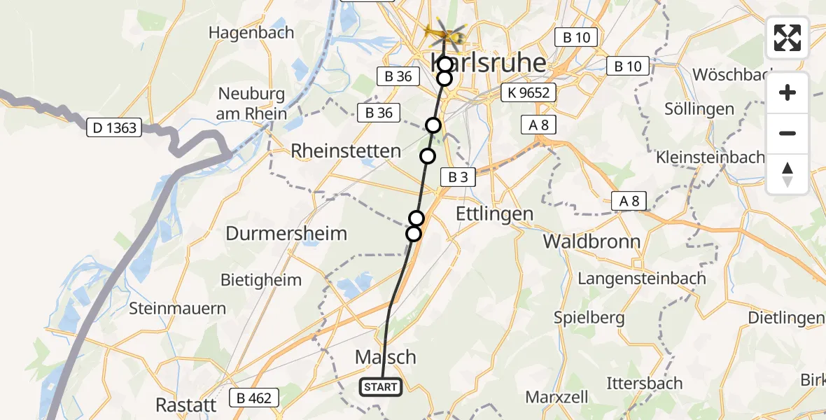 Flugroute Rettungshubschrauber Malsch - Karlsruhe, 09 Mai 2026, 14:25