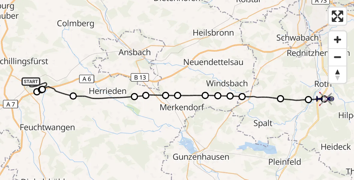 Flugroute Polizeihubschrauber Dombühl - Flugplatz Roth, 09 Mai 2026, 14:31