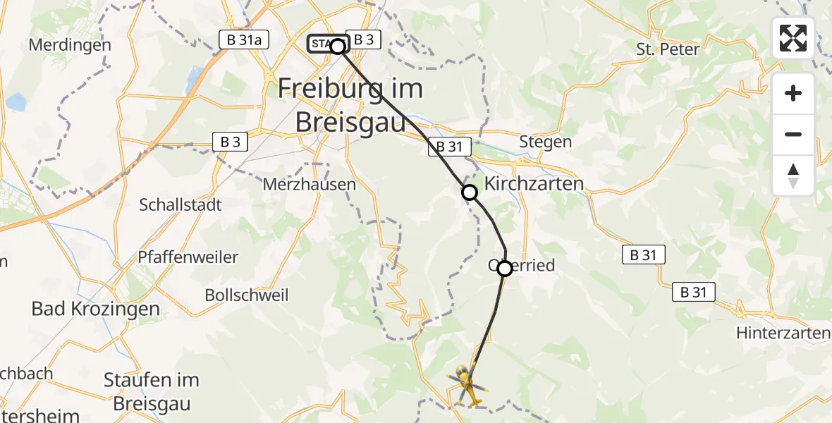 Flugroute Rettungshubschrauber Freiburg im Breisgau Flugplatz - Oberried, 09 Mai 2026, 14:33