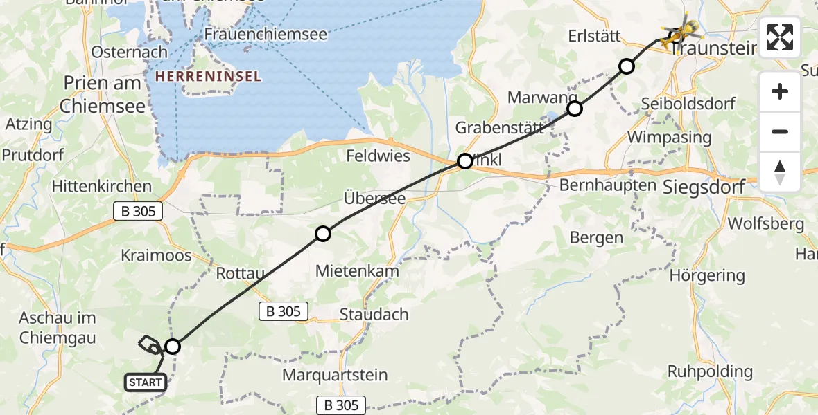 Flugroute Rettungshubschrauber Aschau i.Chiemgau - Traunstein Hospital, 09 Mai 2026, 14:34