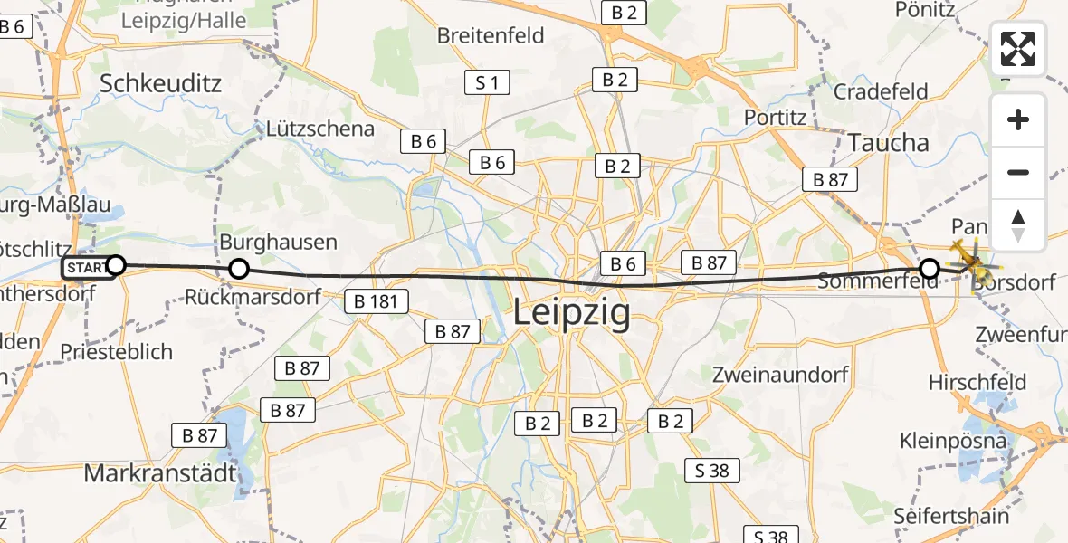 Flugroute Rettungshubschrauber ADAC Air Rescue Station Leipzig/Schkeuditz-Dölzig Hubschrauberlandeplatz (Christoph 61) - Borsdorf, 09 Mai 2026, 14:35