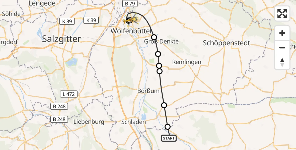 Flugroute Rettungshubschrauber Osterwieck - Wolfenbüttel Municipal Hospital Heliport (Christoph 30), 09 Mai 2026, 14:35