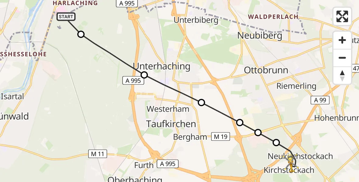 Flugroute Rettungshubschrauber ADAC Air Rescue Center Hubschrauberlandeplatz (Christoph 1) - Brunnthal, 09 Mai 2026, 14:36