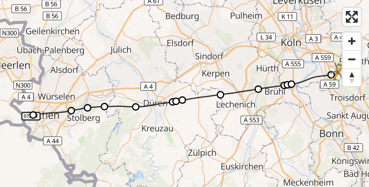 Flugroute Rettungshubschrauber Aachen Hospital - Köln Bonn Flughafen, 09 Mai 2026, 14:41