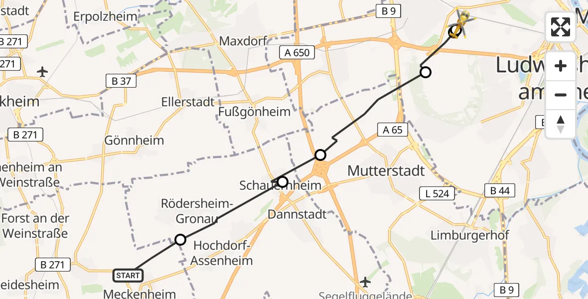 Flugroute Rettungshubschrauber Meckenheim - Ludwigshafen Accident Hospital, 09 Mai 2026, 14:43