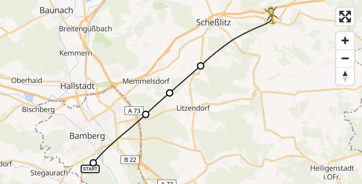 Flugroute Rettungshubschrauber Bamberg Hospital - Scheßlitz, 09 Mai 2026, 14:49