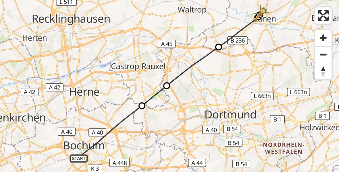 Flugroute Rettungshubschrauber Bochum - Sankt Marien Hospital, 09 Mai 2026, 14:51