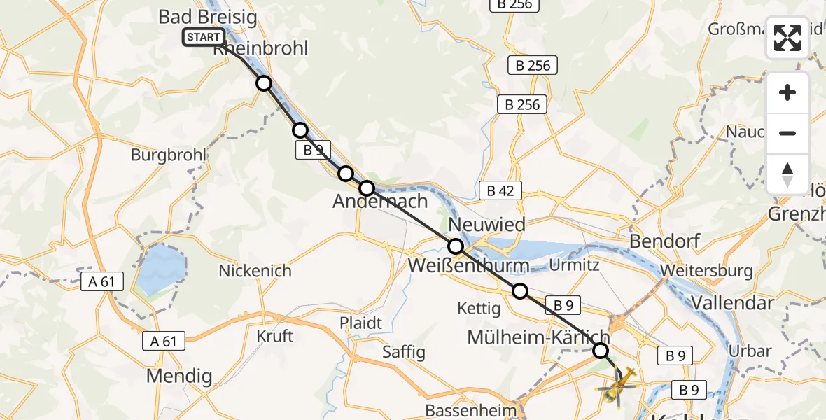 Flugroute Rettungshubschrauber Bad Breisig - Koblenz, 09 Mai 2026, 14:51