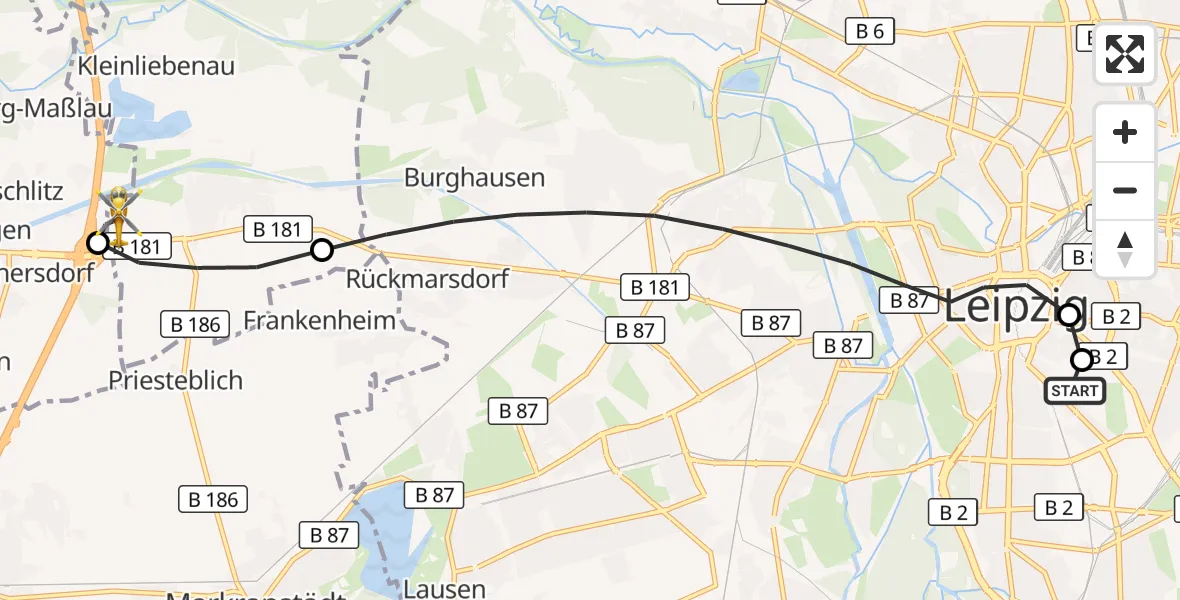 Flugroute Rettungshubschrauber Leipzig University Hospital Heliport 1 - ADAC Air Rescue Station Leipzig/Schkeuditz-Dölzig Hubschrauberlandeplatz (Christoph 61), 09 Mai 2026, 14:54