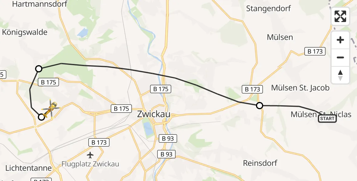 Flugroute Rettungshubschrauber Mülsen - ADAC Air Rescue Station Zwickau Hubschrauberlandeplatz, 09 Mai 2026, 15:00