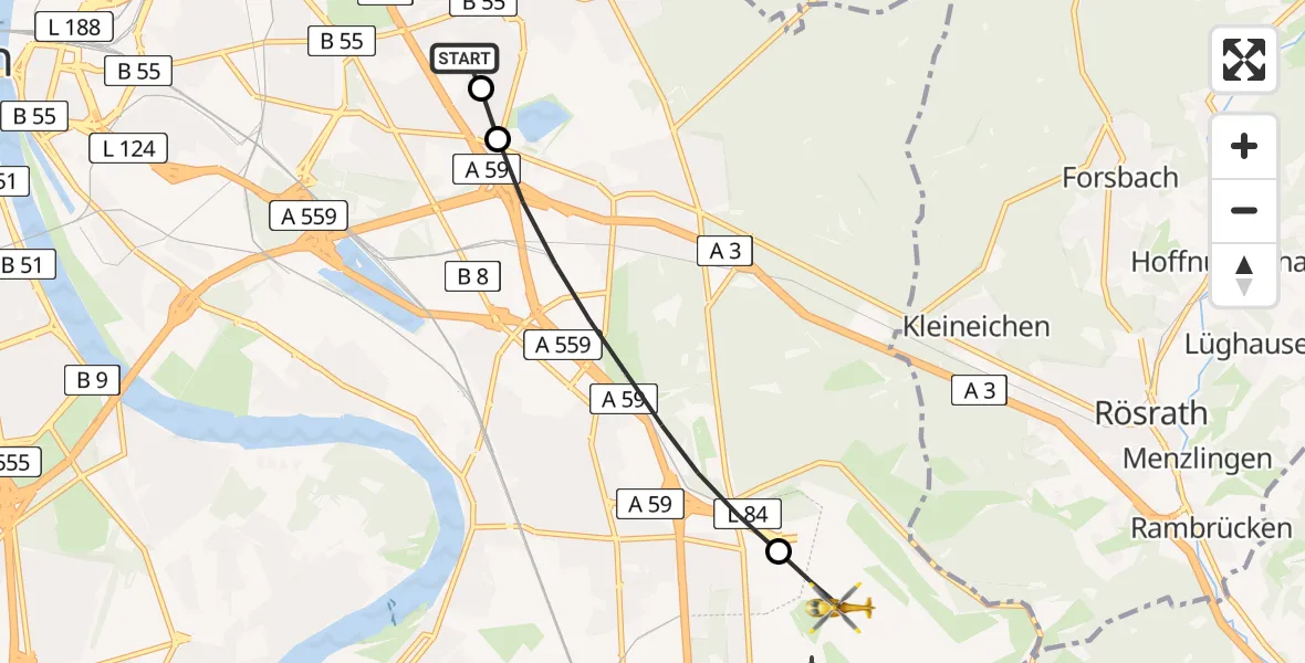 Flugroute Ambulanzhubschrauber Merheim Hospital - Köln Bonn Flughafen, 09 Mai 2026, 15:04