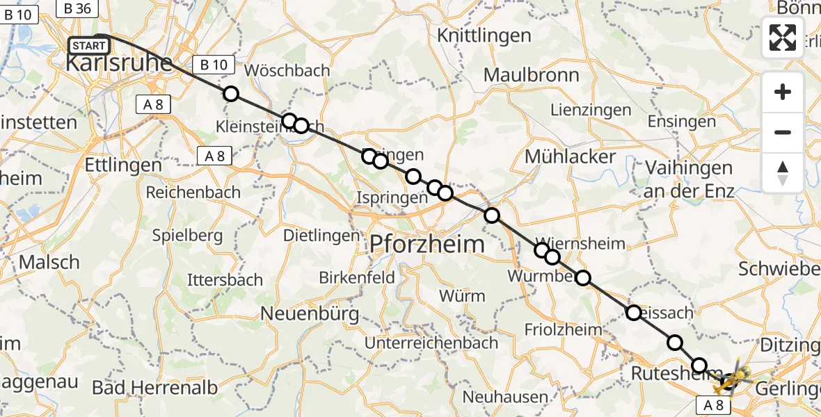 Flugroute Rettungshubschrauber Karlsruhe - Leonberg Hospital, 09 Mai 2026, 15:07