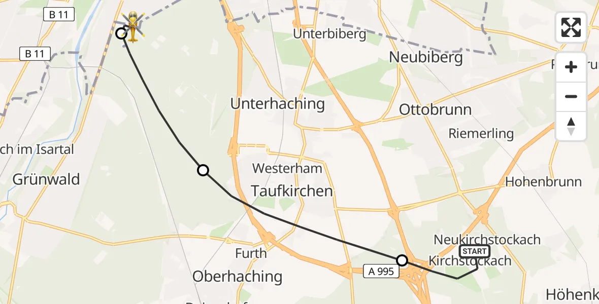 Flugroute Rettungshubschrauber Brunnthal - ADAC Air Rescue Center Hubschrauberlandeplatz (Christoph 1), 09 Mai 2026, 15:08
