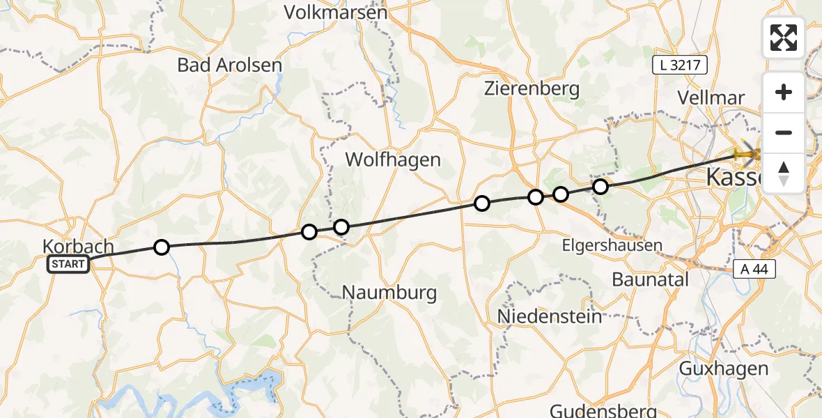 Flugroute Rettungshubschrauber Korbach - Kassel, 09 Mai 2026, 15:10