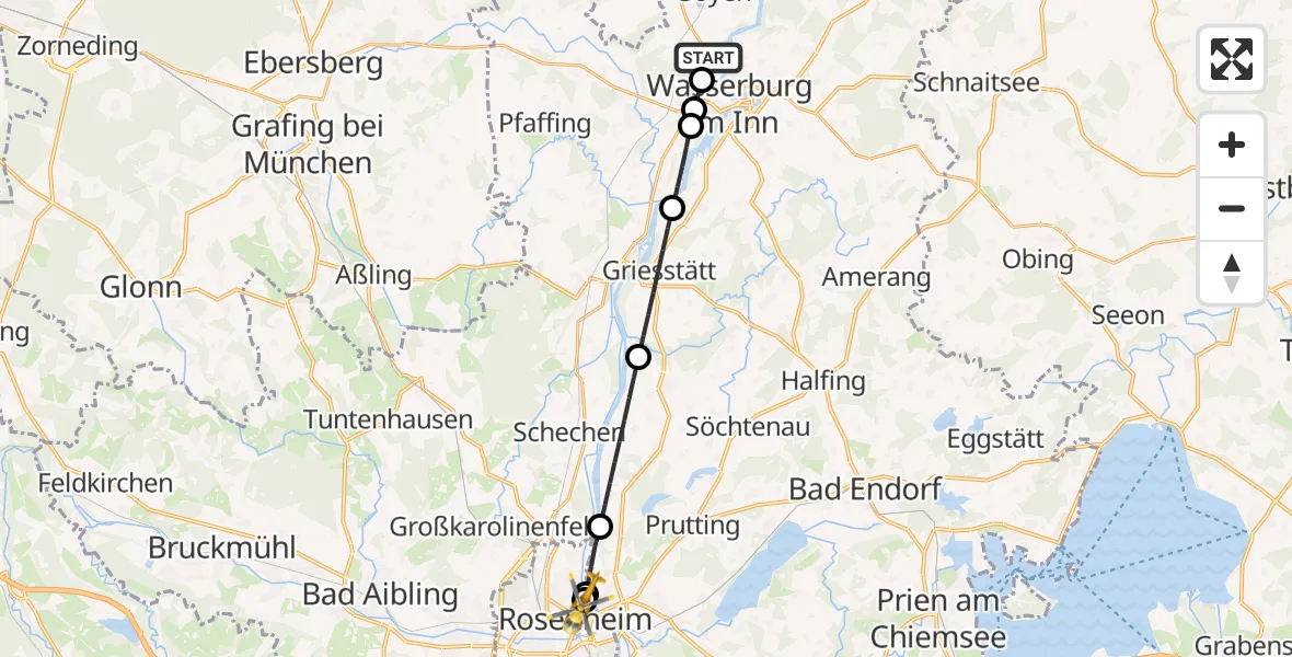 Flugroute Rettungshubschrauber Soyen - RoMed Hospital Rosenheim, 09 Mai 2026, 15:16