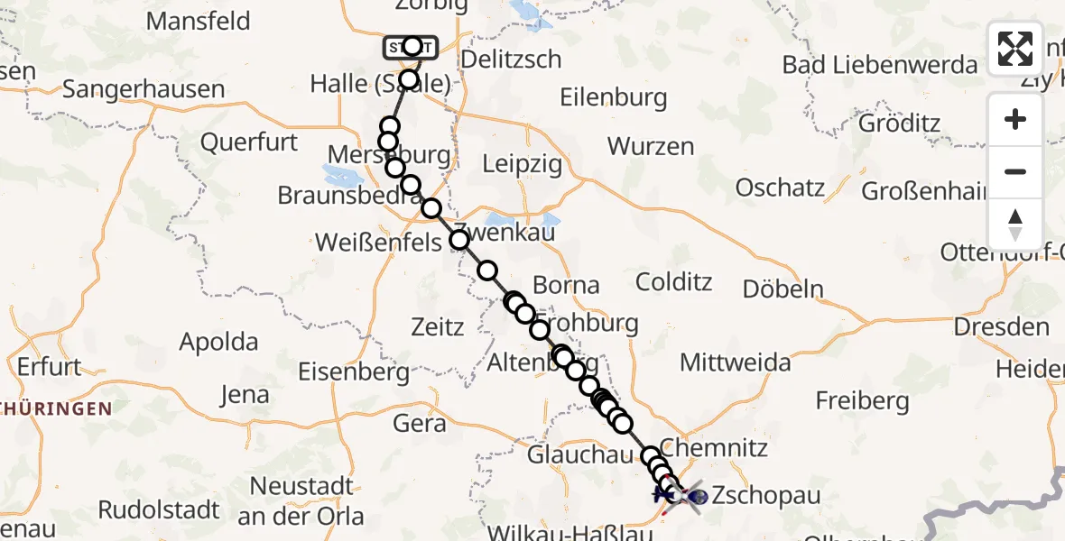 Flugroute Polizeihubschrauber Halle-Oppin Flugplatz - Niederdorf, 09 Mai 2026, 15:17