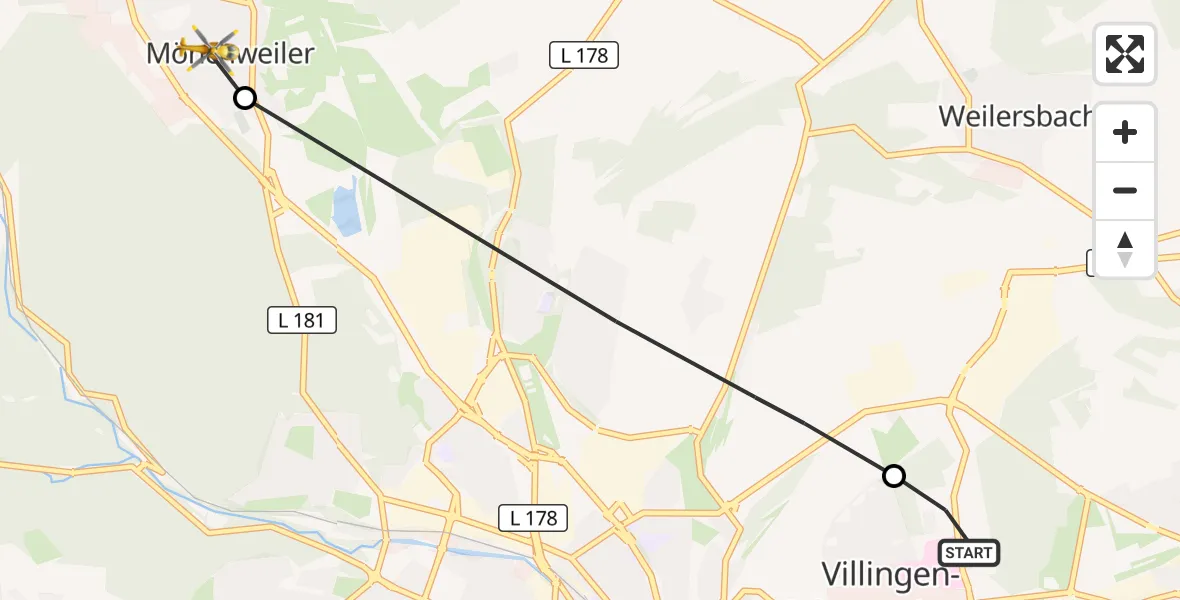 Flugroute Rettungshubschrauber DRF Air Rescue Station Villingen-Schwenningen Hubschrauberlandeplatz (Christoph 11) - Mönchweiler, 09 Mai 2026, 15:28