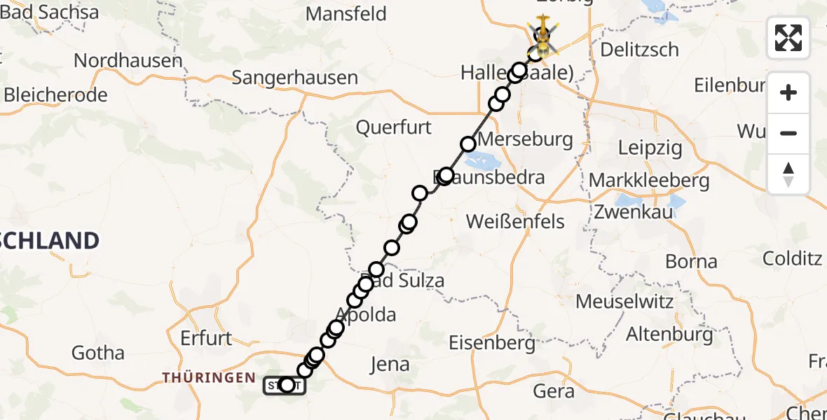 Flugroute Rettungshubschrauber Bad Berka Central Hospital - Halle-Oppin Flugplatz, 09 Mai 2026, 15:29
