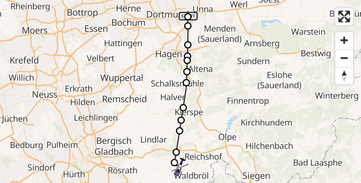 Flugroute Polizeihubschrauber Dortmund Flughafen - Nümbrecht, 09 Mai 2026, 15:30