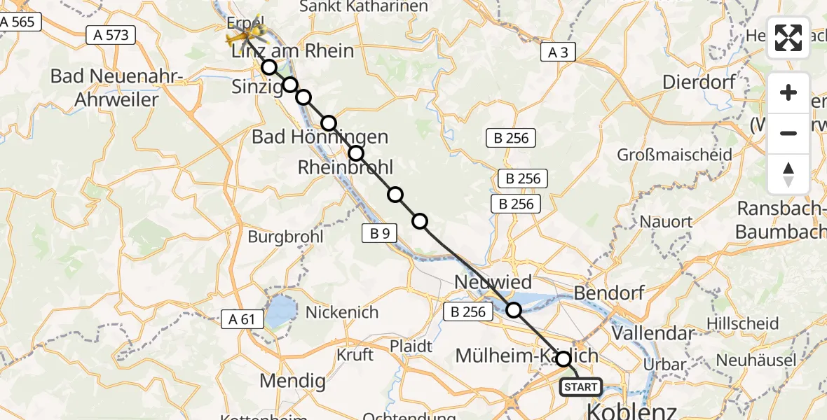 Flugroute Rettungshubschrauber Koblenz - Remagen, 09 Mai 2026, 15:31