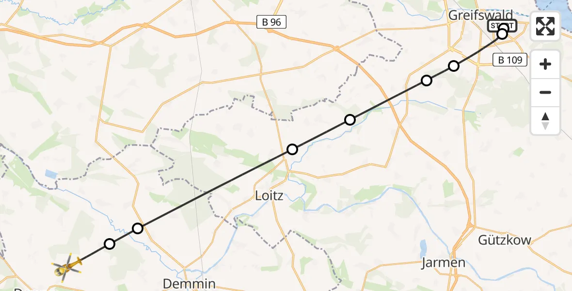 Flugroute Rettungshubschrauber Greifswald Hospital - Dargun, 09 Mai 2026, 15:33