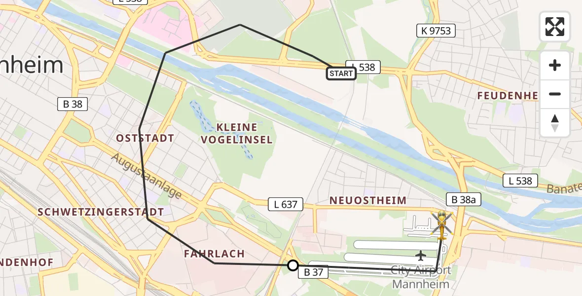 Flugroute Rettungshubschrauber Mannheim - Mannheim-City Flughafen, 09 Mai 2026, 15:42