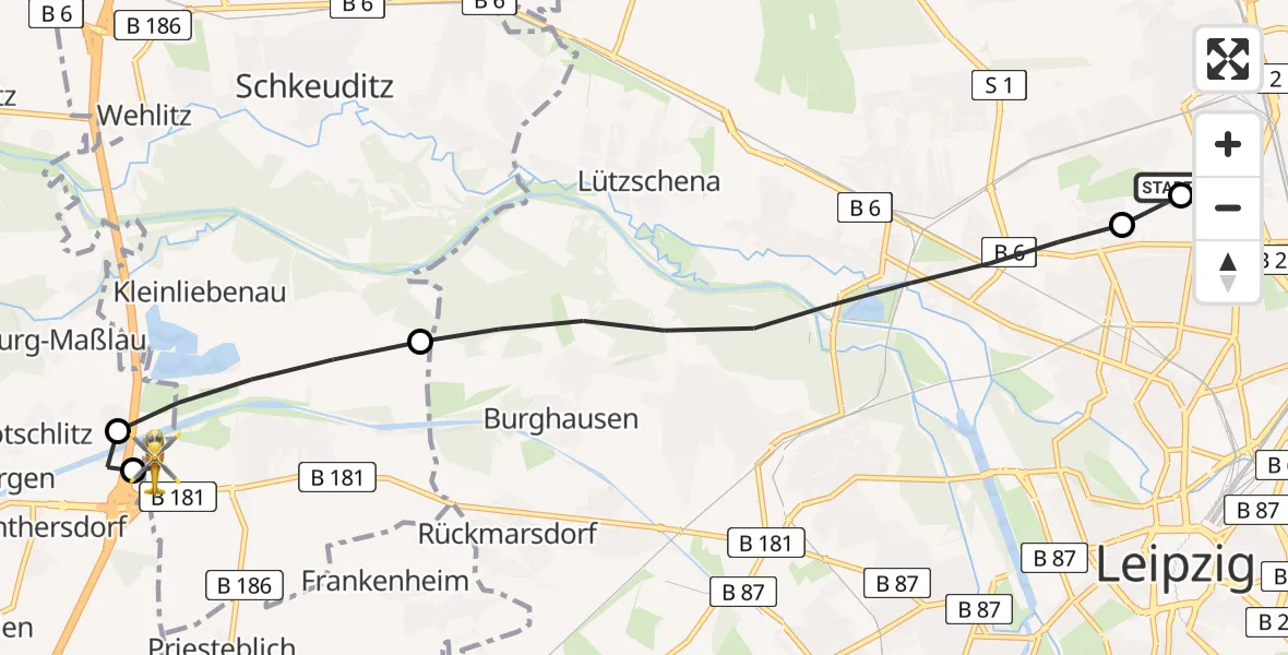 Flugroute Rettungshubschrauber Sankt Georg Hospital Leipzig Reserve - ADAC Air Rescue Station Leipzig/Schkeuditz-Dölzig Hubschrauberlandeplatz (Christoph 61), 09 Mai 2026, 15:43