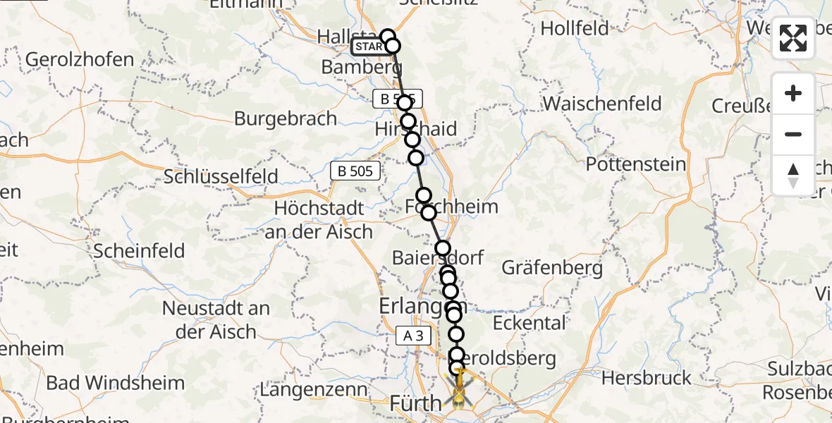 Flugroute Rettungshubschrauber Bamberg-Breitenau Flugplatz - Flughafen Nuremberg, 09 Mai 2026, 15:46