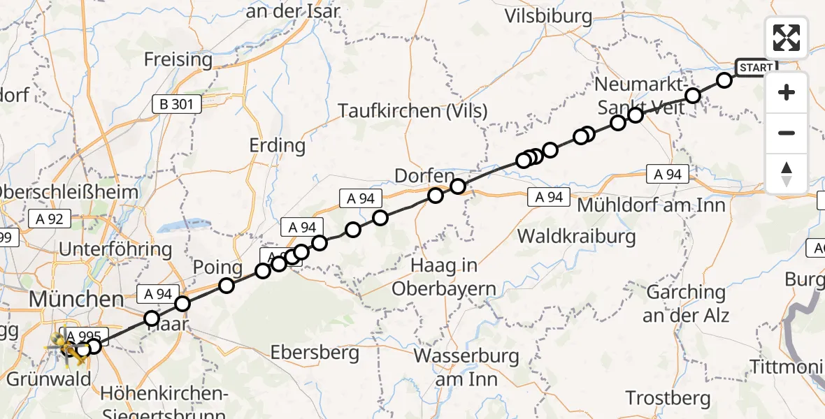 Flugroute Rettungshubschrauber Unterdietfurt - ADAC Air Rescue Center Hubschrauberlandeplatz (Christoph 1), 09 Mai 2026, 15:52