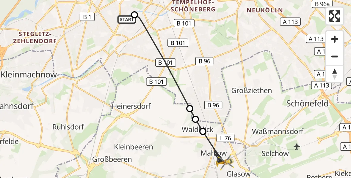 Flugroute Rettungshubschrauber Charité Clinic Benjamin Franklin Campus - Blankenfelde-Mahlow, 09 Mai 2026, 15:57