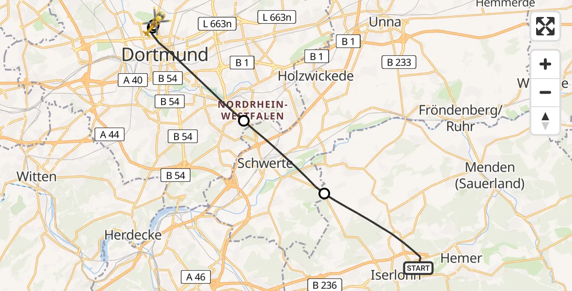 Flugroute Rettungshubschrauber Iserlohn - Dortmund Hospital North, 09 Mai 2026, 16:02