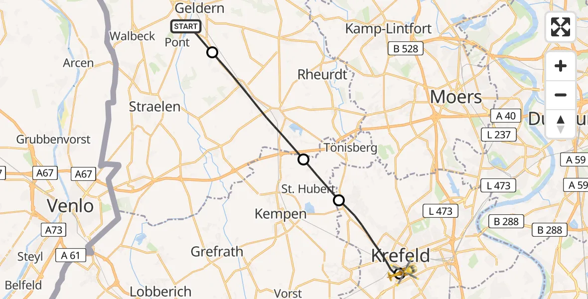 Flugroute Rettungshubschrauber Geldern - Helios Clinic Krefeld, 09 Mai 2026, 16:03