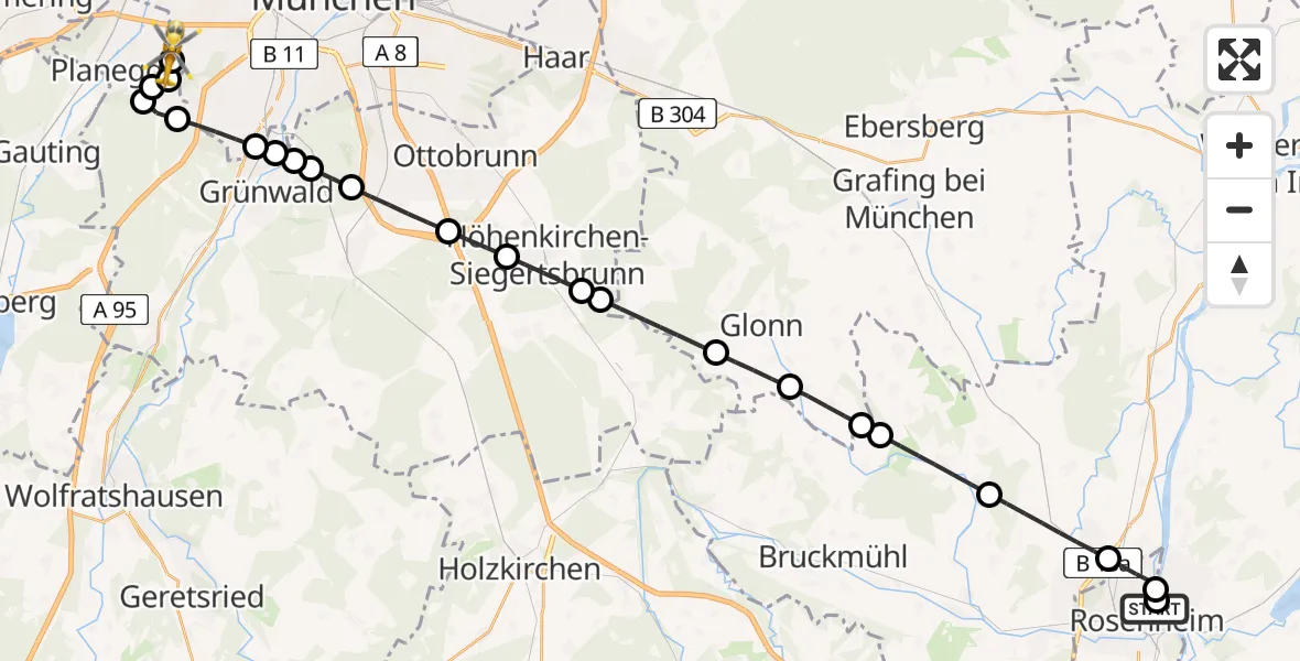 Flugroute Rettungshubschrauber RoMed Hospital Rosenheim - DRF Air Rescue München Hubschrauberlandeplatz, 09 Mai 2026, 16:05