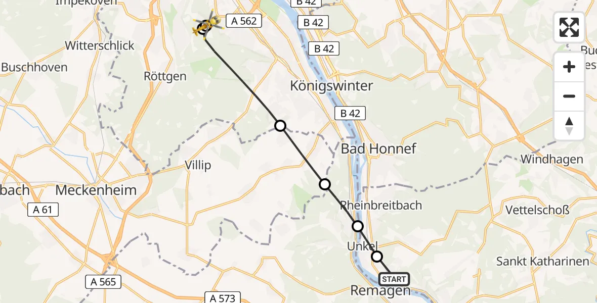 Flugroute Rettungshubschrauber Erpel - Bonn University Hospital, 09 Mai 2026, 16:15