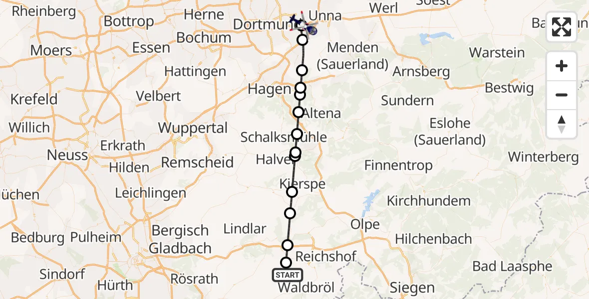 Flugroute Polizeihubschrauber Nümbrecht - Dortmund Flughafen, 09 Mai 2026, 16:15