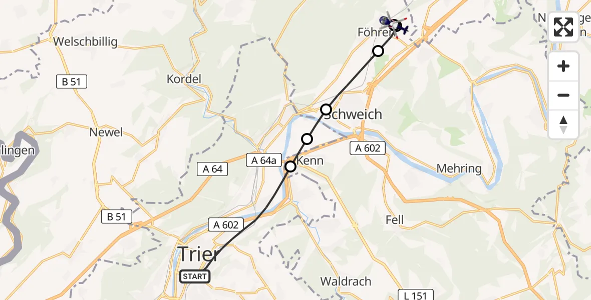 Flugroute Polizeihubschrauber Trier - Föhren, 09 Mai 2026, 16:20